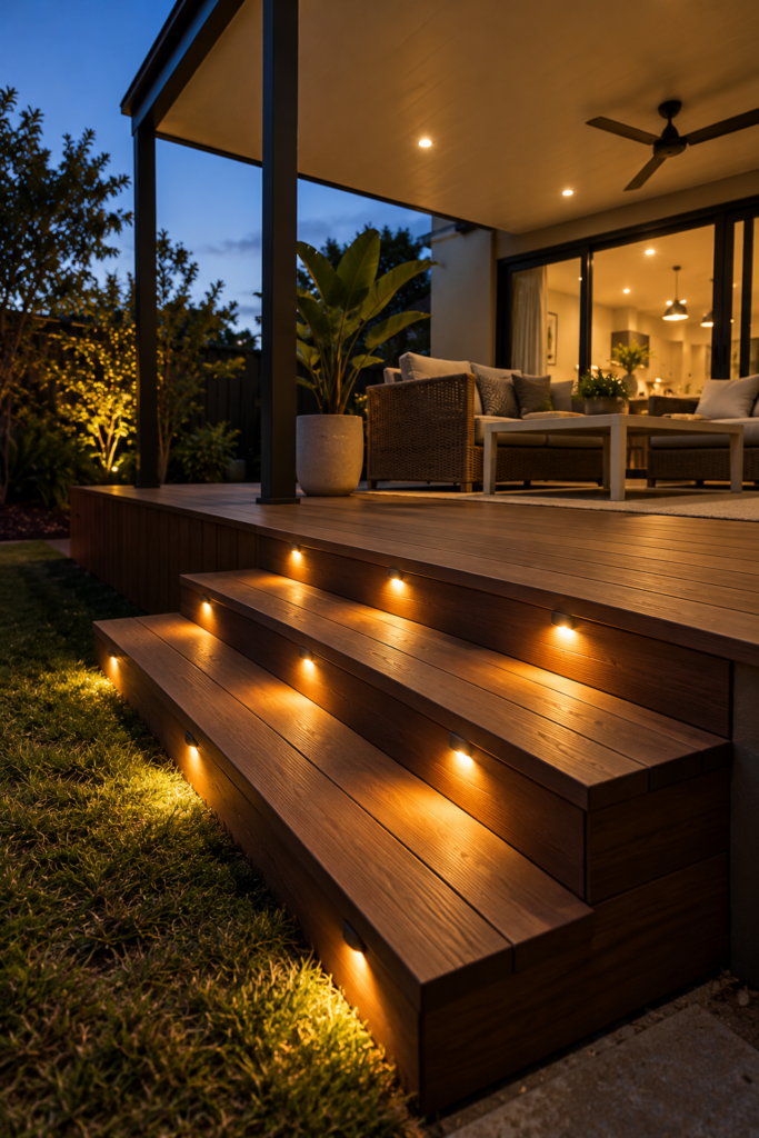 Twilight Patio Steps With Warm Lighting